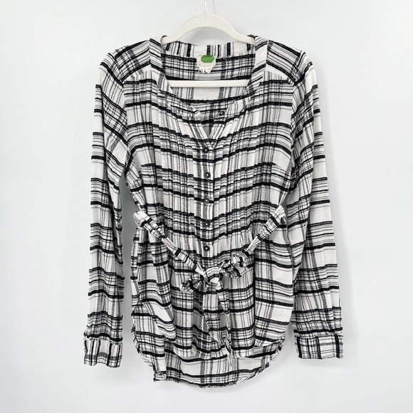 Anthropologie Plaid Belted Top Button Down Size 2P Black‎ White Tie Waist Wool - Picture 1 of 10